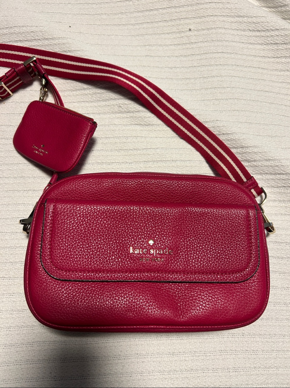 kate spade Raspberry Pebbled Leather Crossbody with Striped Strap